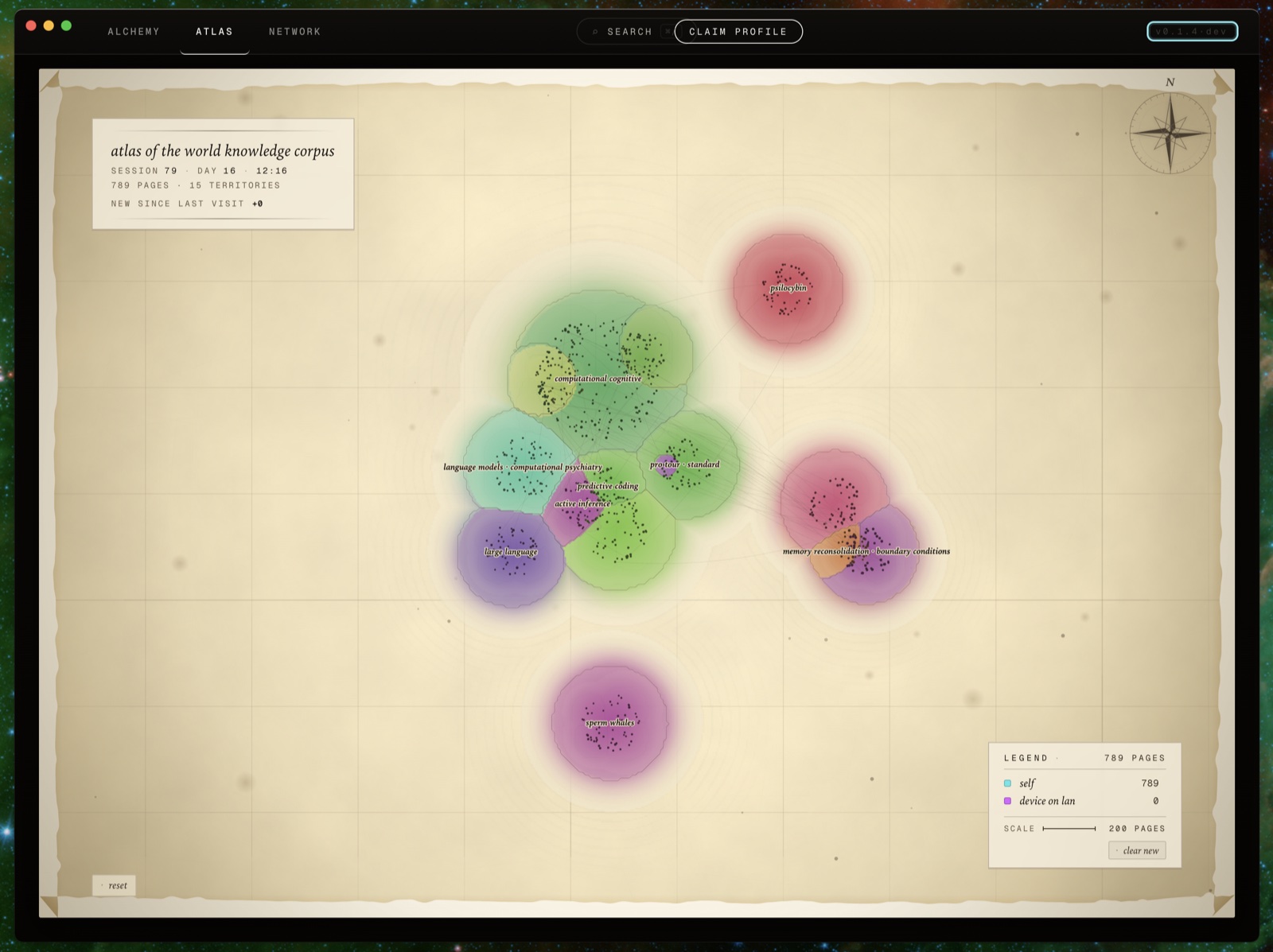 The Atlas view in Searching with Frnds: a parchment-style map showing the cohort's collective search results clustered as colored topic regions, each cloud a region of the shared knowledge corpus.